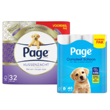 Page toiletpapier compleet schoon
pak à 40 rollen,
kussenzacht pak à 32 rollen
of puur pak à 24 rollen